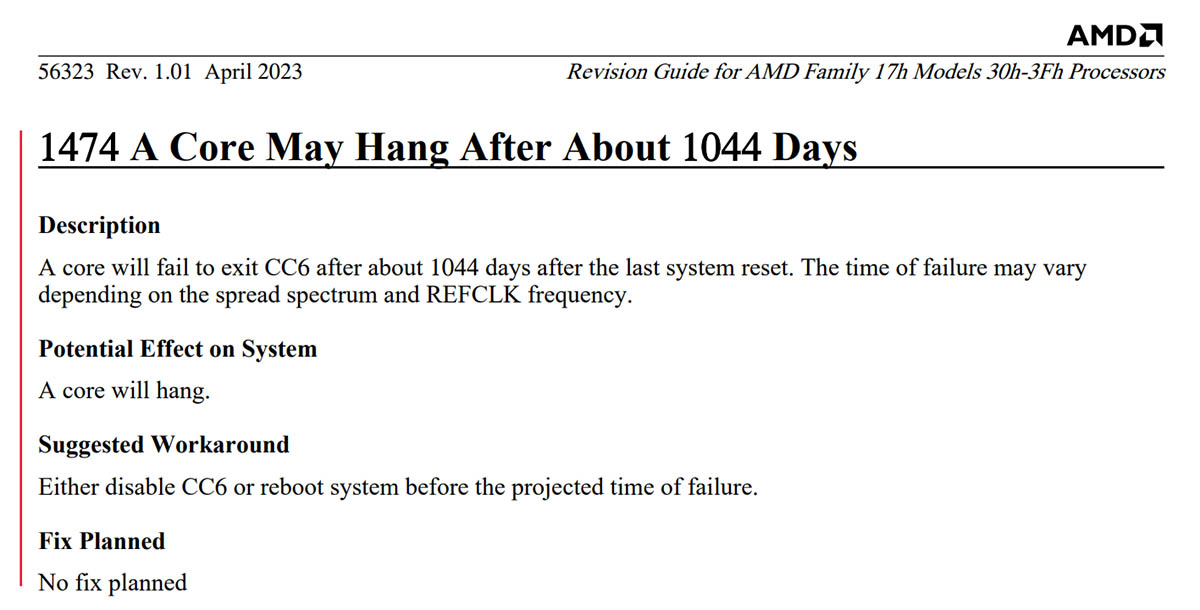 AMD承认EPYC Rome处理器在运行1044天后会卡死，暂无修复计划