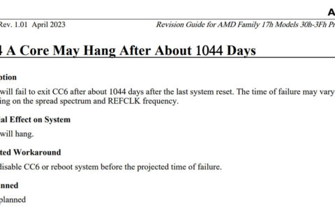 AMD承认EPYC Rome处理器在运行1044天后会卡死，暂无修复计划